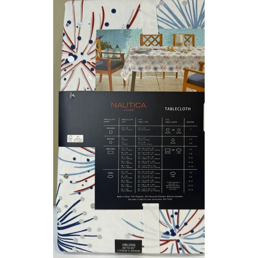 Nautica 4th of July Fireworks 60x120 Tablecloth Silver Foil Red Blue In/ Outdoor